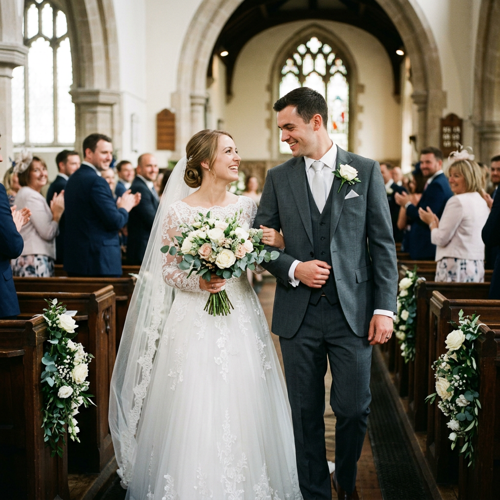 Bride and groom walking arm in arm down a church aisle with guests clapping